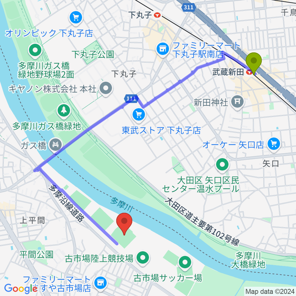 武蔵新田駅から上平間球場へのルートマップ地図