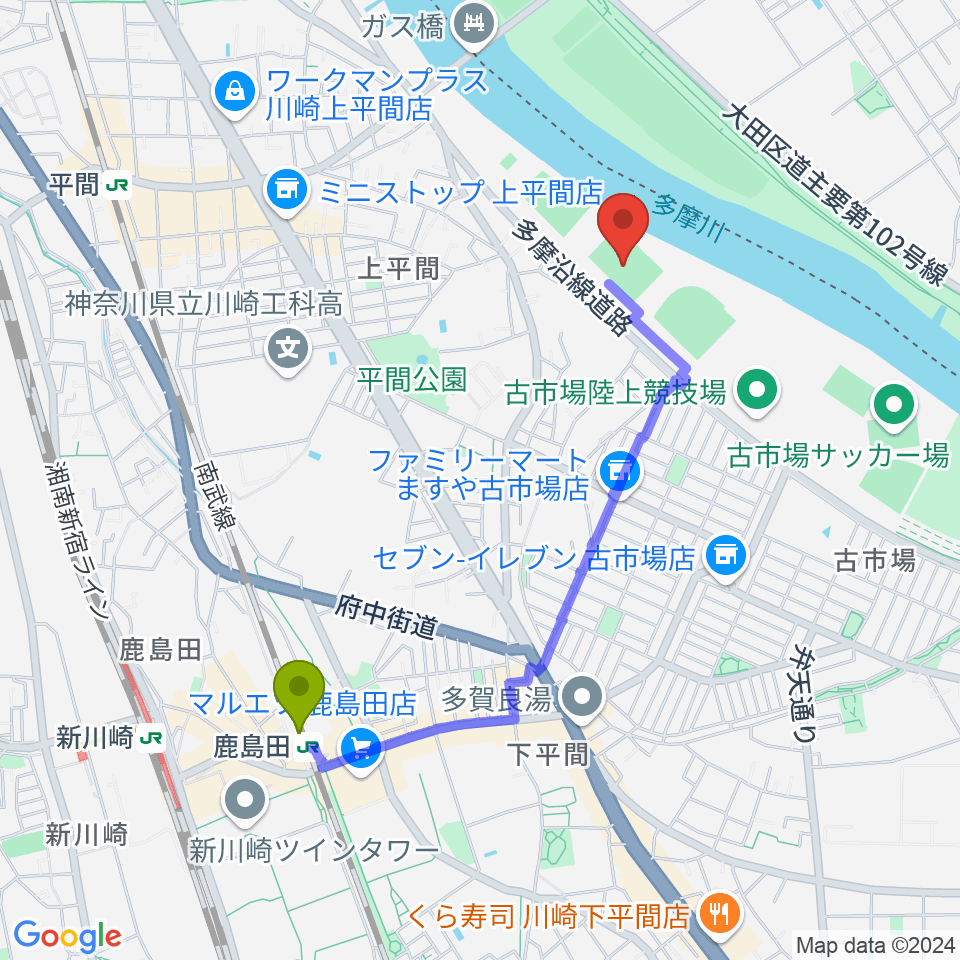 鹿島田駅から上平間サッカー場へのルートマップ地図