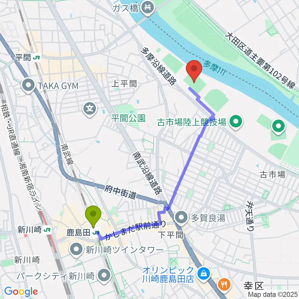 鹿島田駅から上平間サッカー場へのルートマップ地図