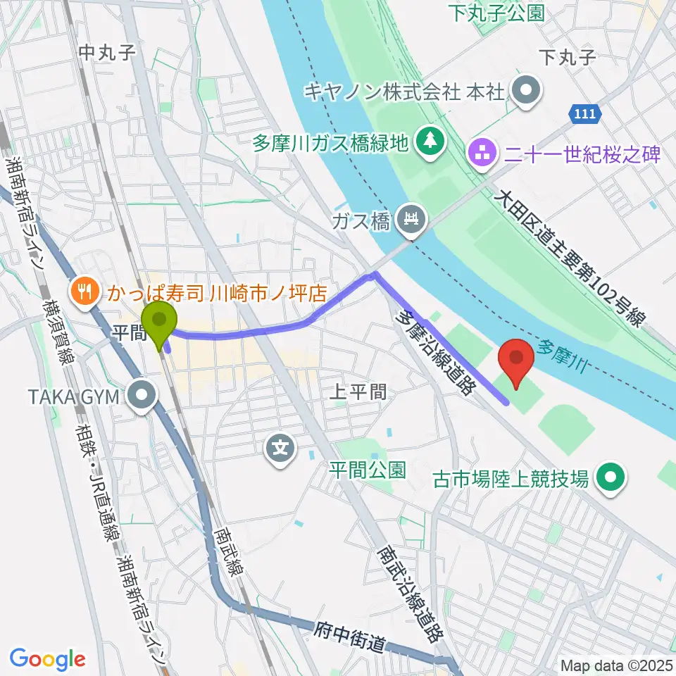 上平間サッカー場の最寄駅平間駅からの徒歩ルート（約17分）地図