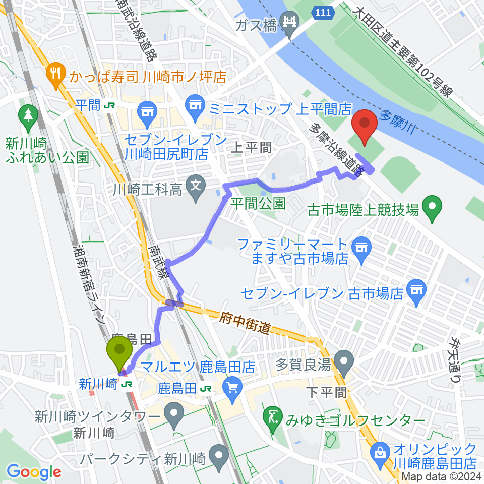 新川崎駅から上平間サッカー場へのルートマップ地図