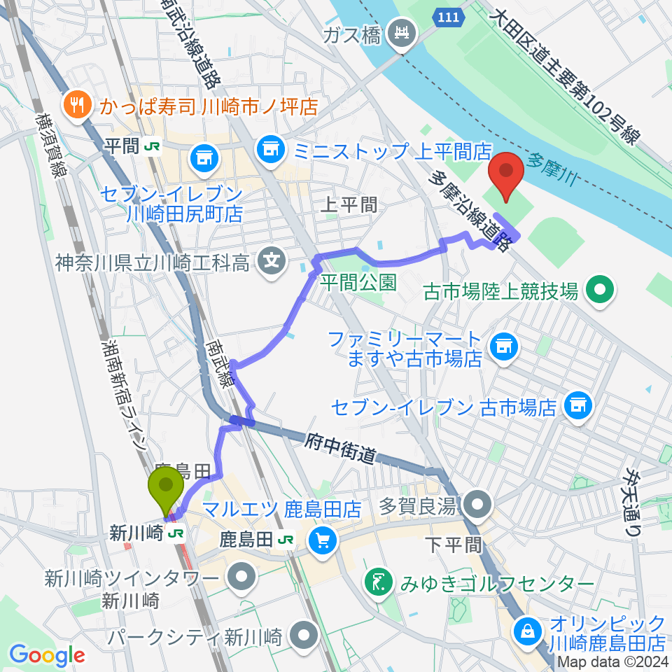 新川崎駅から上平間サッカー場へのルートマップ地図