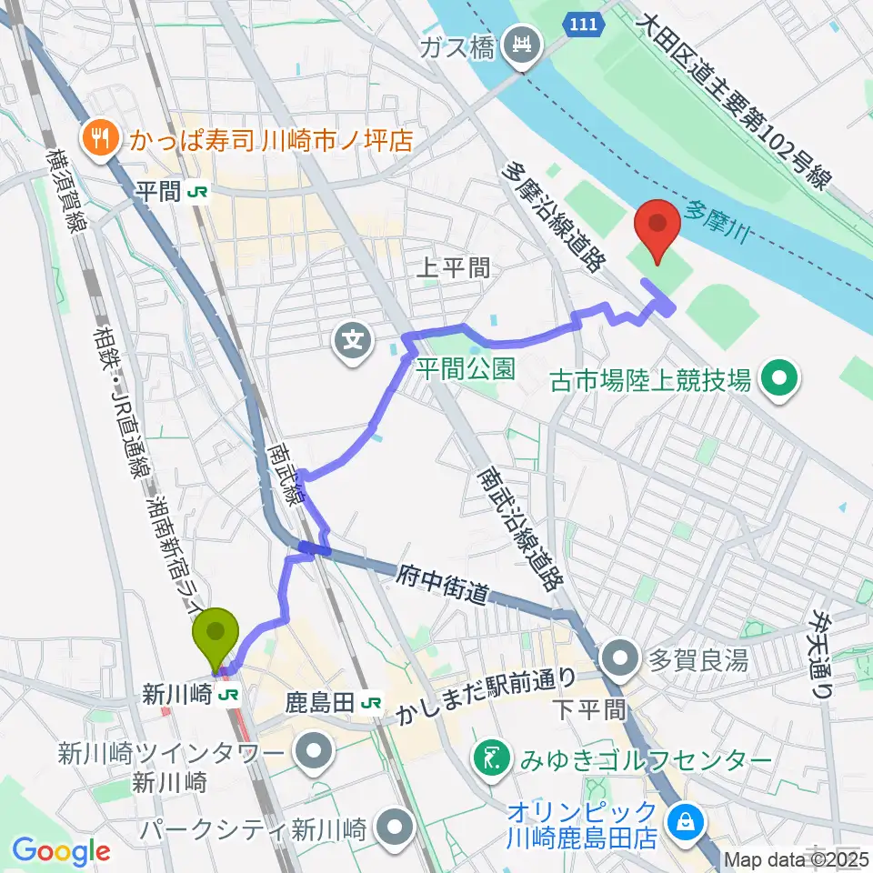 新川崎駅から上平間サッカー場へのルートマップ地図