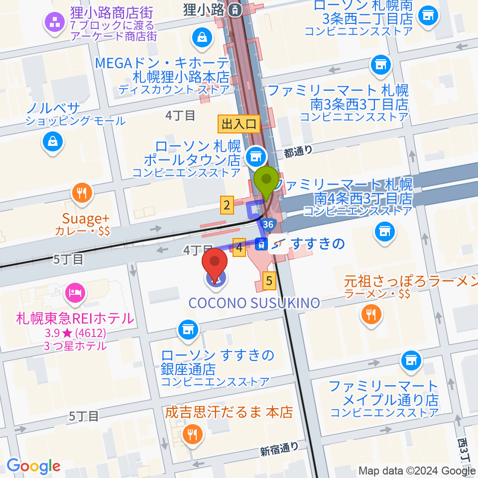 TOHOシネマズすすきのの最寄駅すすきの駅からの徒歩ルート（約1分）地図