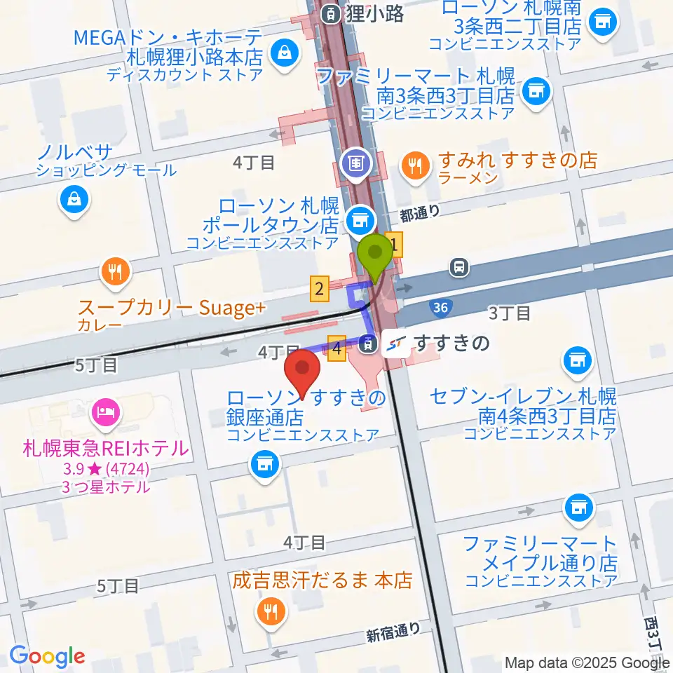 TOHOシネマズすすきのの最寄駅すすきの駅からの徒歩ルート（約1分）地図