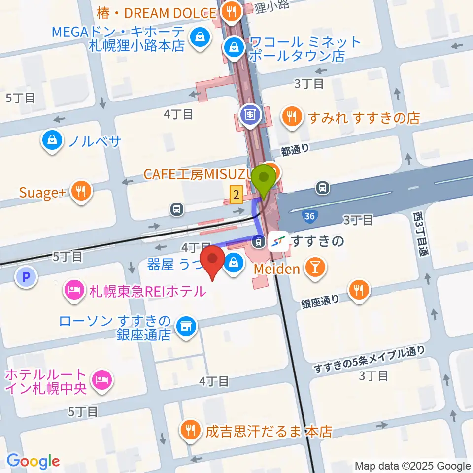 TOHOシネマズすすきのの最寄駅すすきの駅からの徒歩ルート（約1分）地図