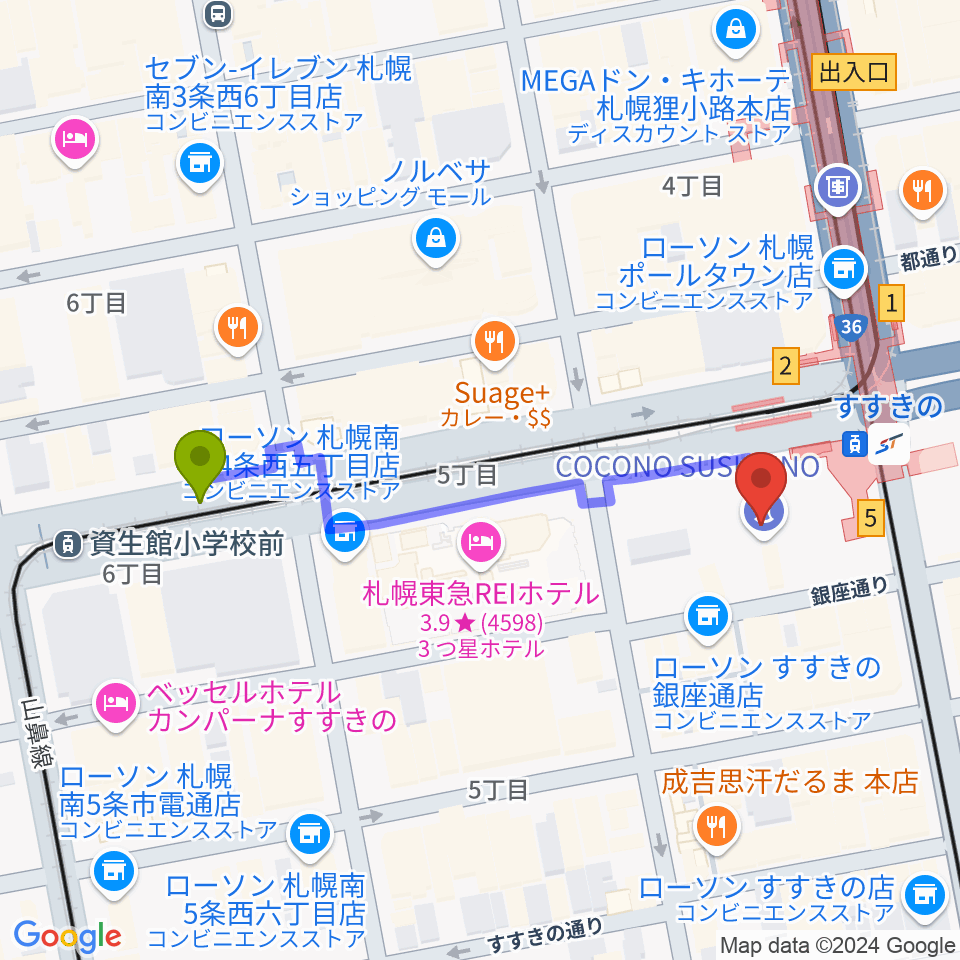 資生館小学校前駅からTOHOシネマズすすきのへのルートマップ地図