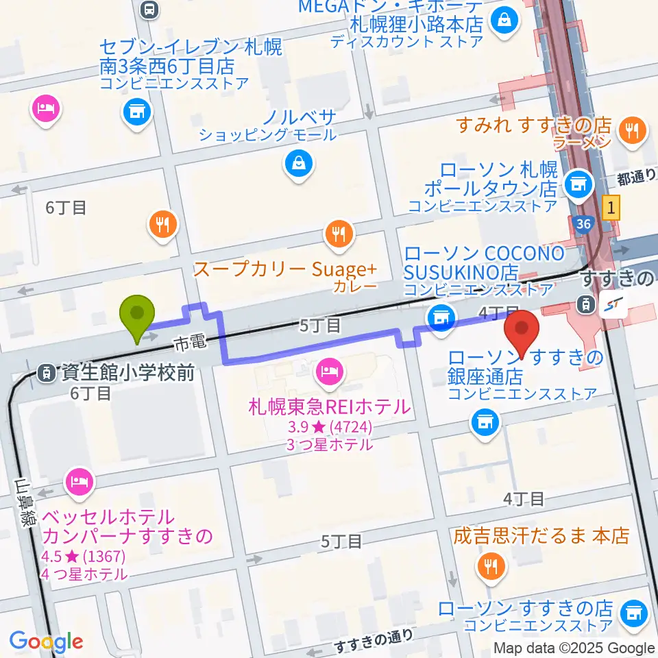 資生館小学校前駅からTOHOシネマズすすきのへのルートマップ地図