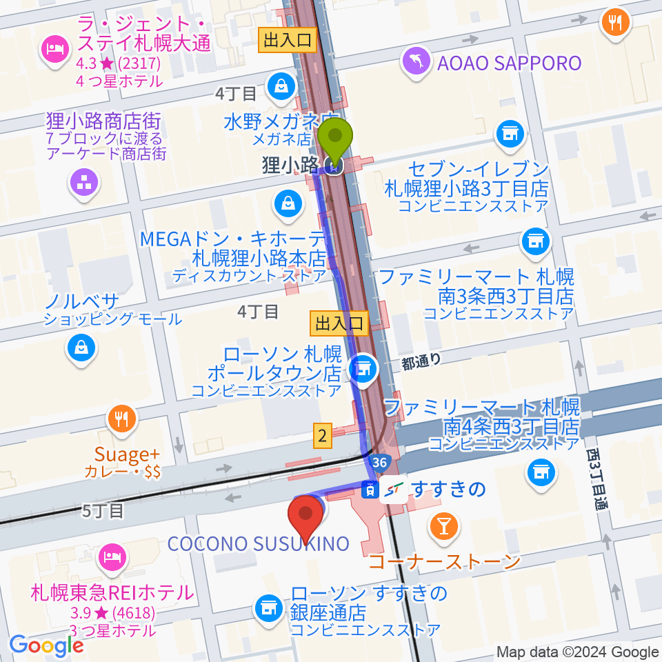 狸小路駅からTOHOシネマズすすきのへのルートマップ地図