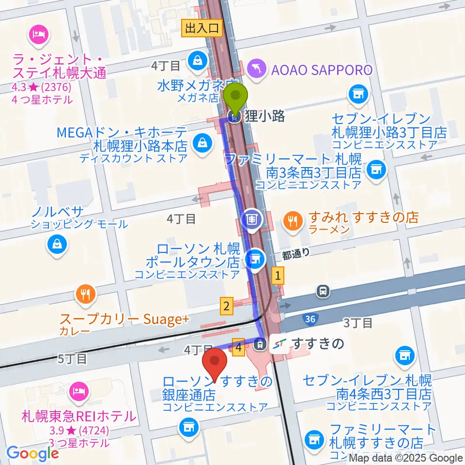 狸小路駅からTOHOシネマズすすきのへのルートマップ地図