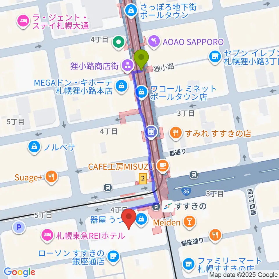 狸小路駅からTOHOシネマズすすきのへのルートマップ地図