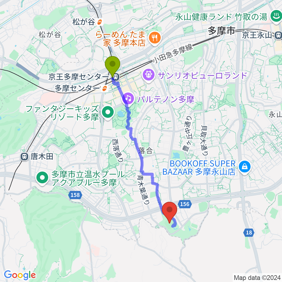 一本杉公園野球場の最寄駅京王多摩センター駅からの徒歩ルート（約34分）地図