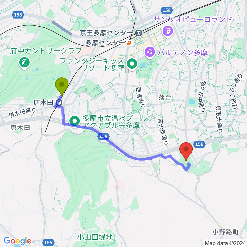 唐木田駅から一本杉公園野球場へのルートマップ地図