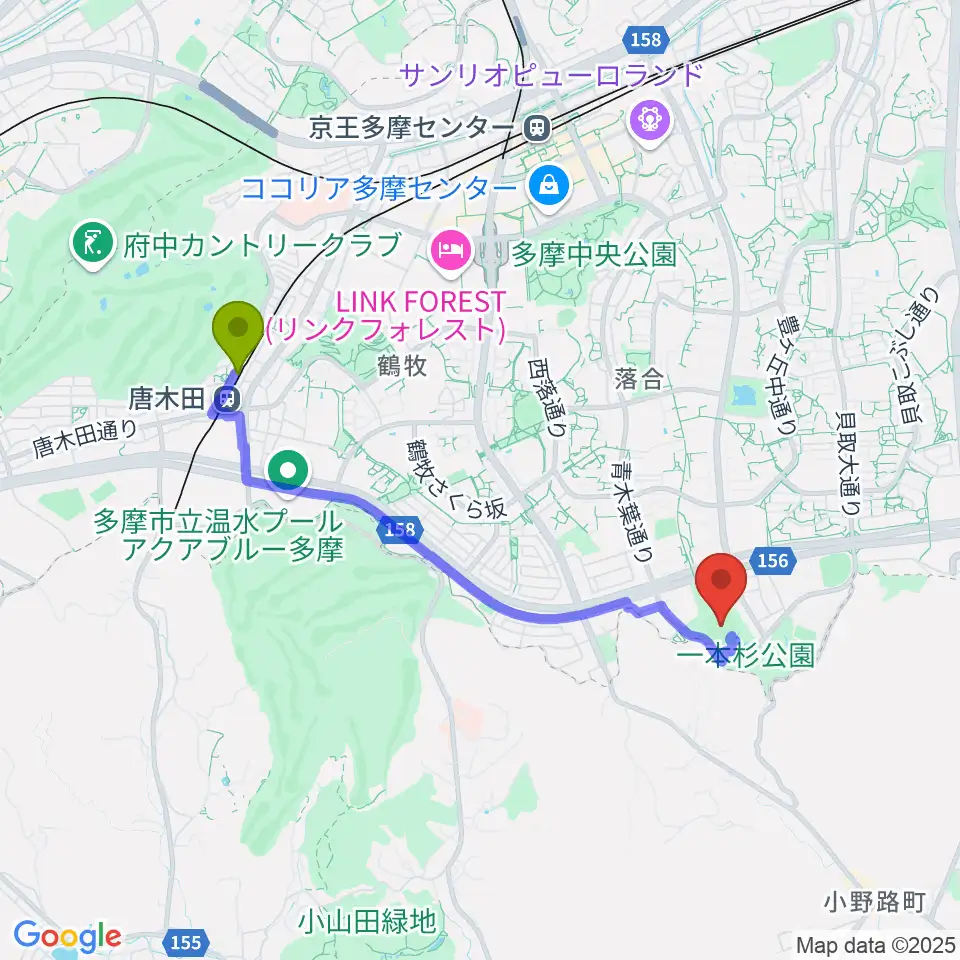 唐木田駅から新日本物流スタジアム多摩へのルートマップ地図