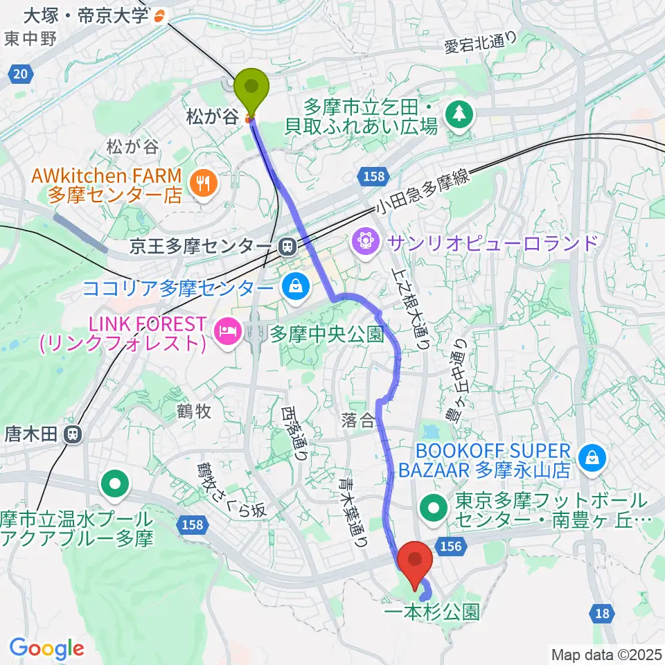 松が谷駅から新日本物流スタジアム多摩へのルートマップ地図
