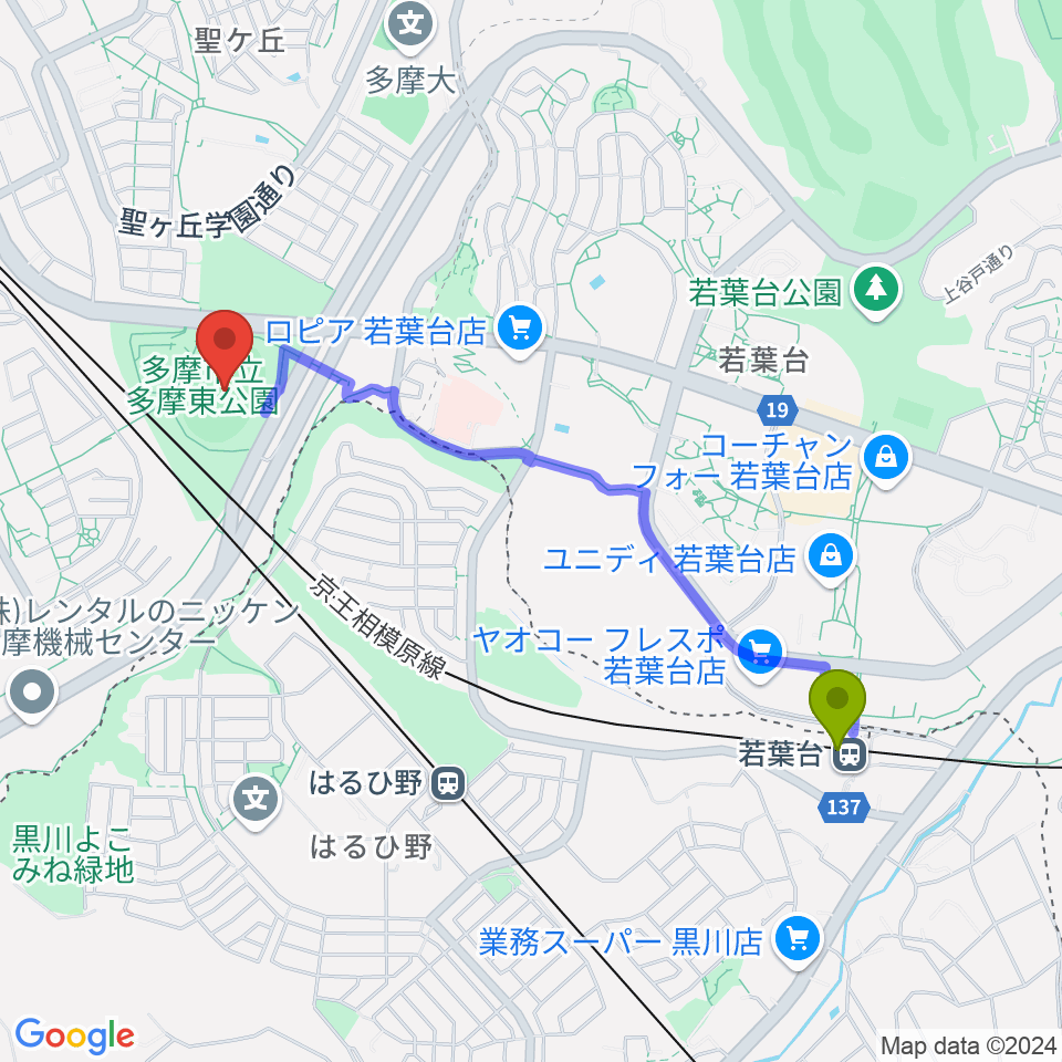 若葉台駅から多摩市立陸上競技場へのルートマップ地図