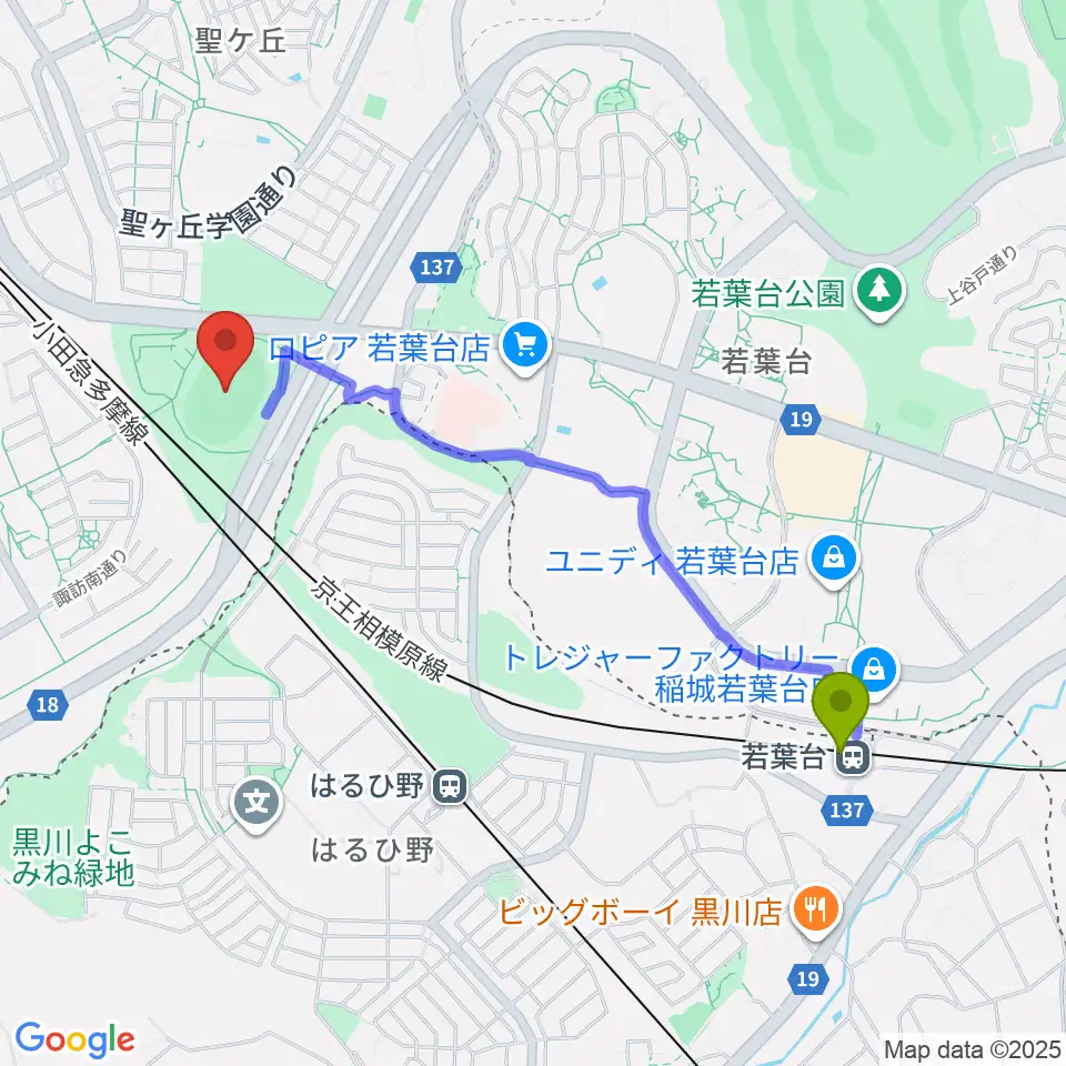若葉台駅から多摩市立陸上競技場へのルートマップ地図