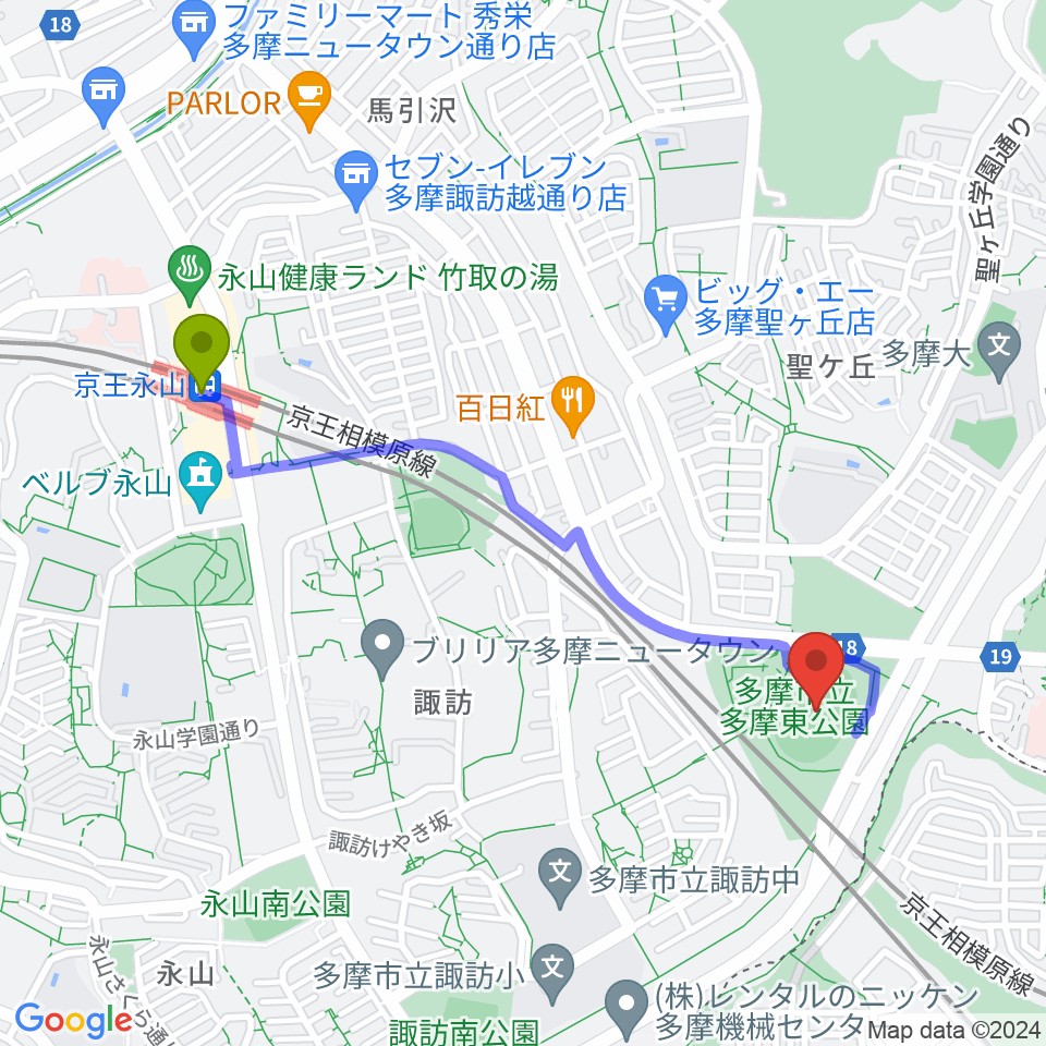 京王永山駅から多摩市立陸上競技場へのルートマップ地図