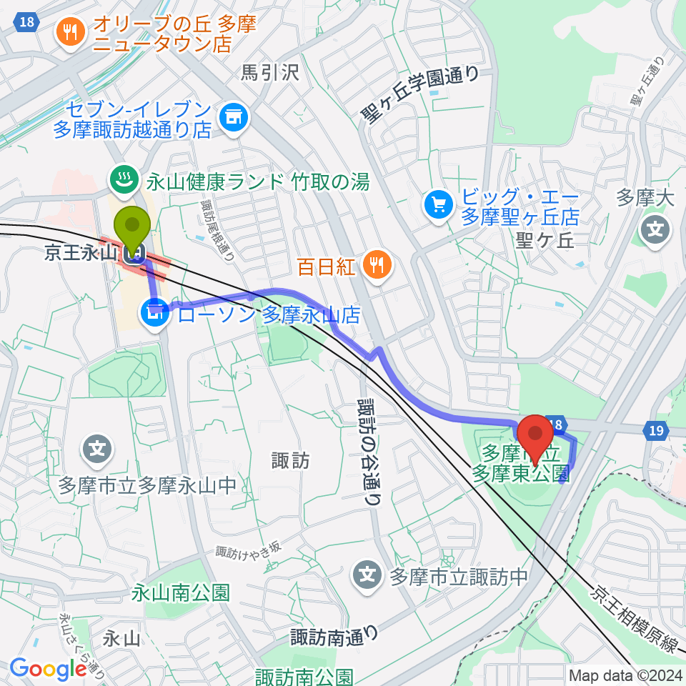 京王永山駅から多摩市立陸上競技場へのルートマップ地図