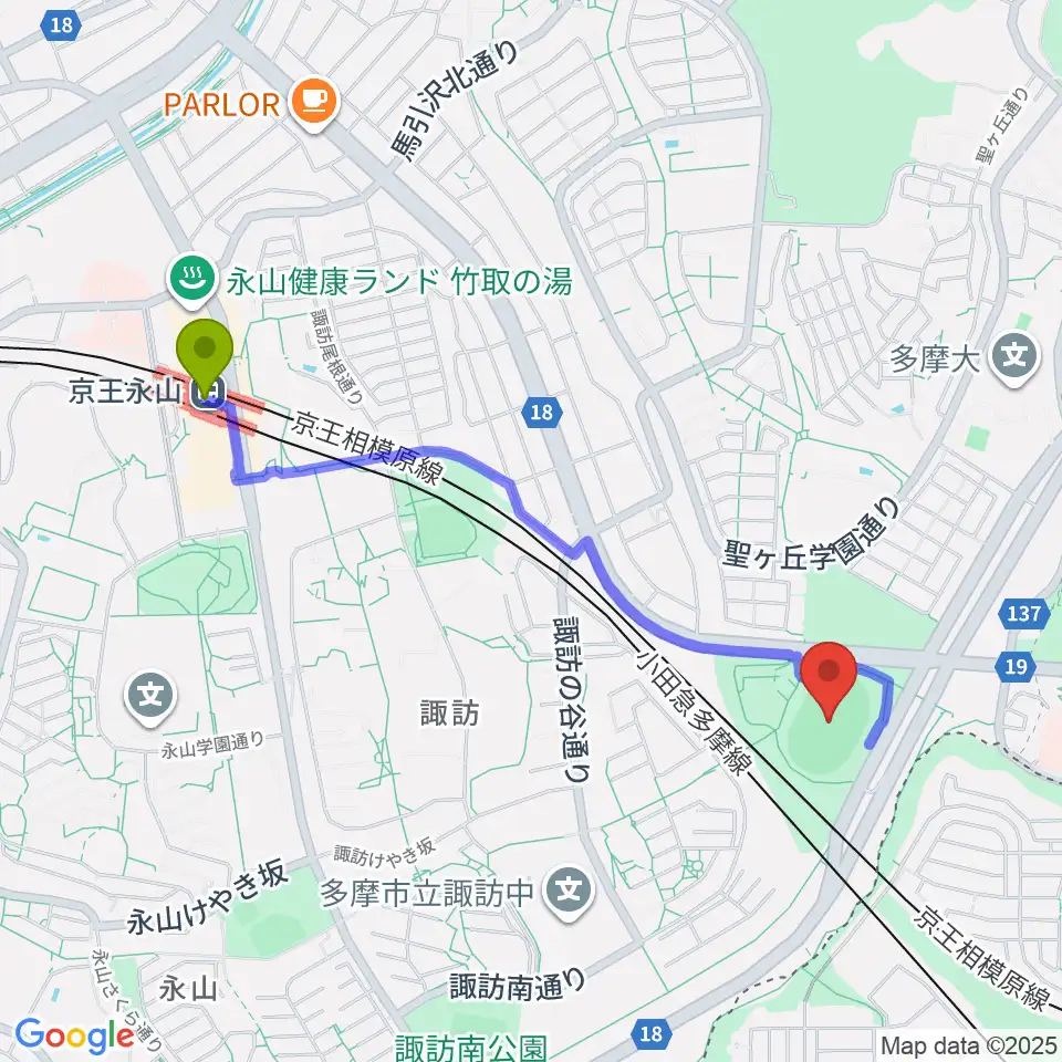 京王永山駅から多摩市立陸上競技場へのルートマップ地図