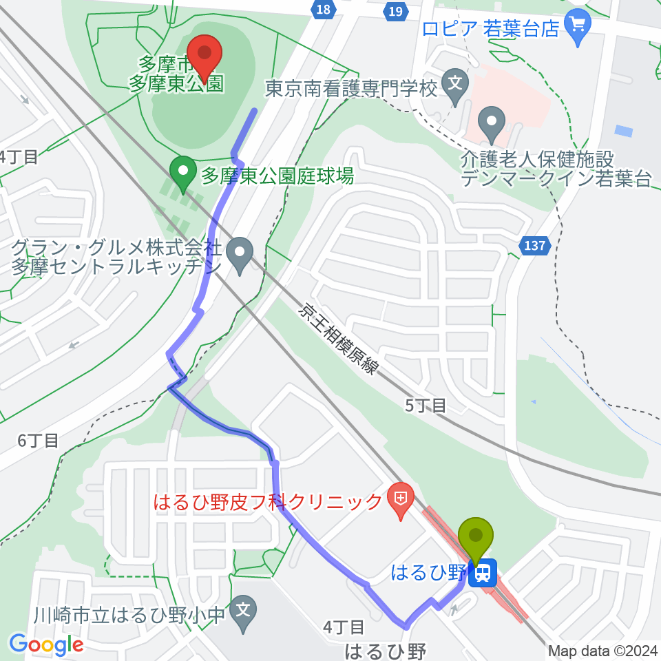 多摩市立陸上競技場の最寄駅はるひ野駅からの徒歩ルート（約13分）地図