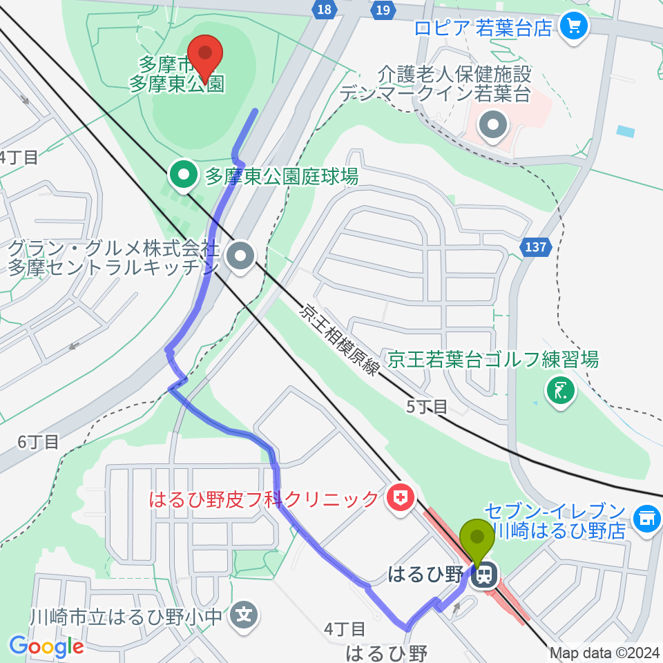 多摩市立陸上競技場の最寄駅はるひ野駅からの徒歩ルート（約13分）地図