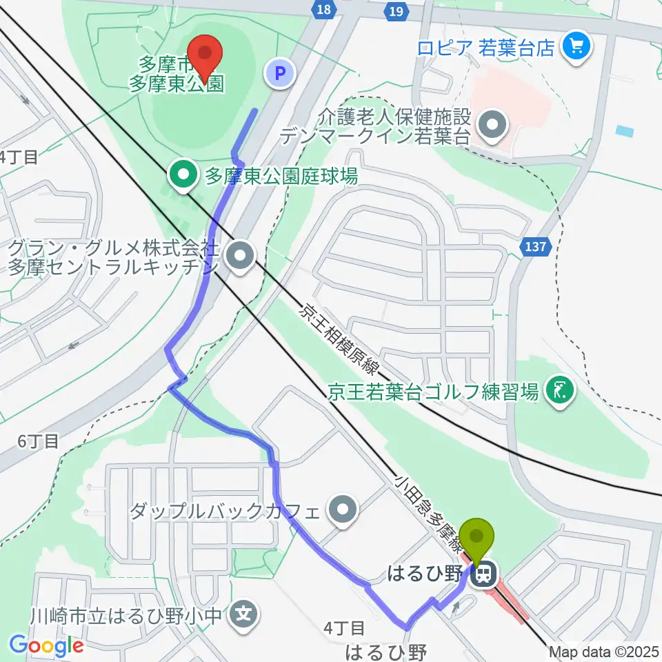 多摩市立陸上競技場の最寄駅はるひ野駅からの徒歩ルート（約13分）地図