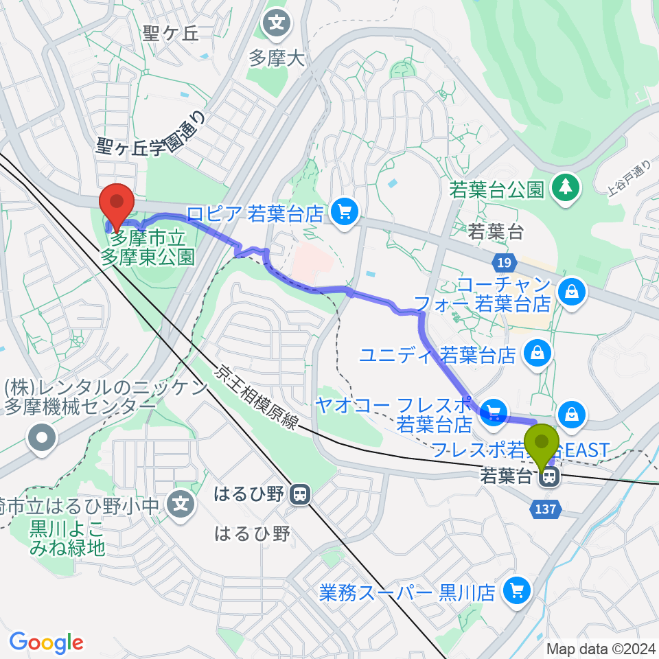 若葉台駅から多摩市立武道館へのルートマップ地図