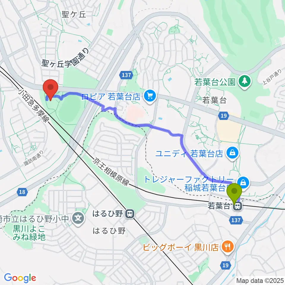若葉台駅から多摩市立武道館へのルートマップ地図