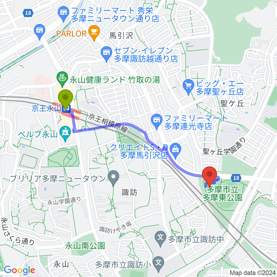 京王永山駅から多摩市立武道館へのルートマップ地図