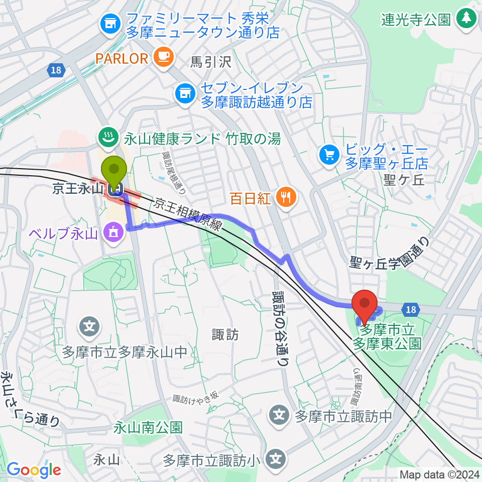 京王永山駅から多摩市立武道館へのルートマップ地図