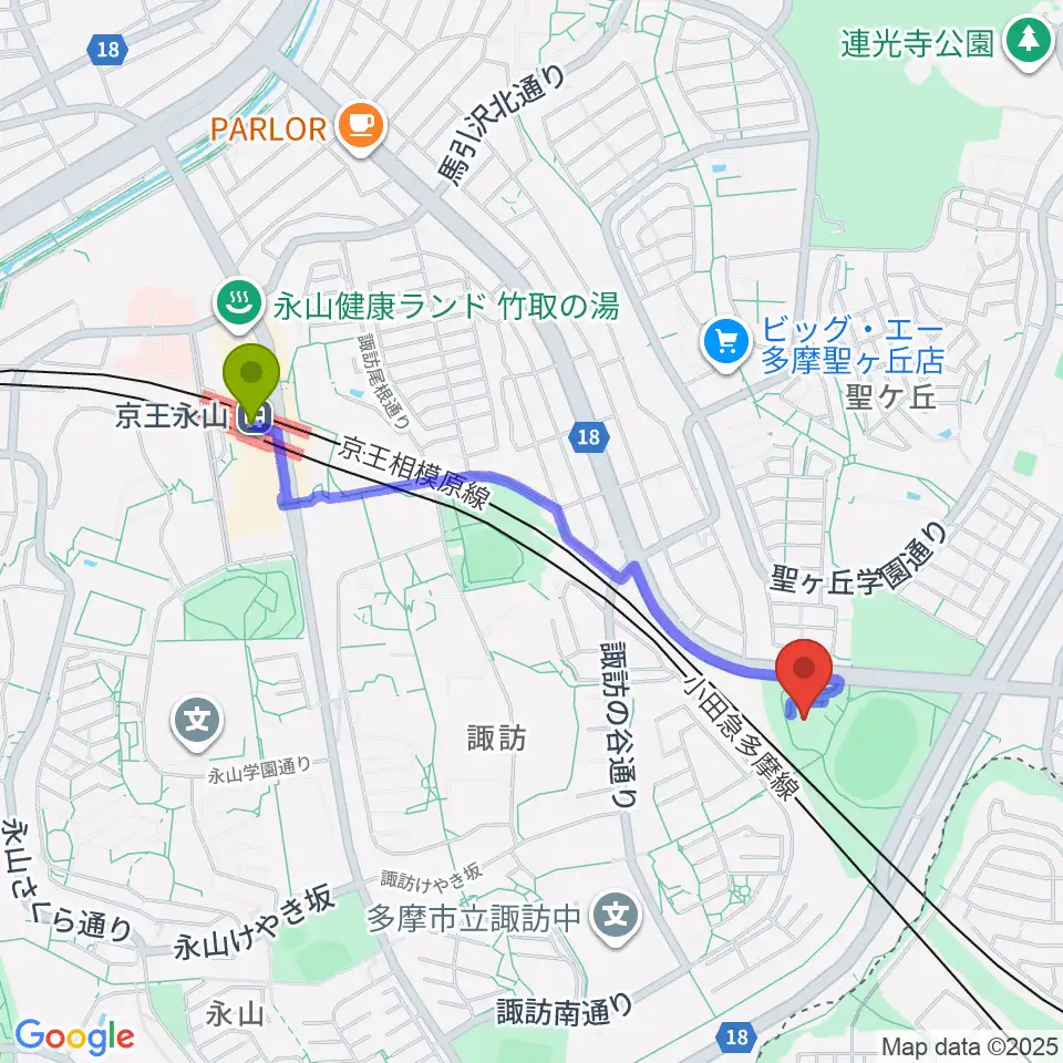 京王永山駅から多摩市立武道館へのルートマップ地図