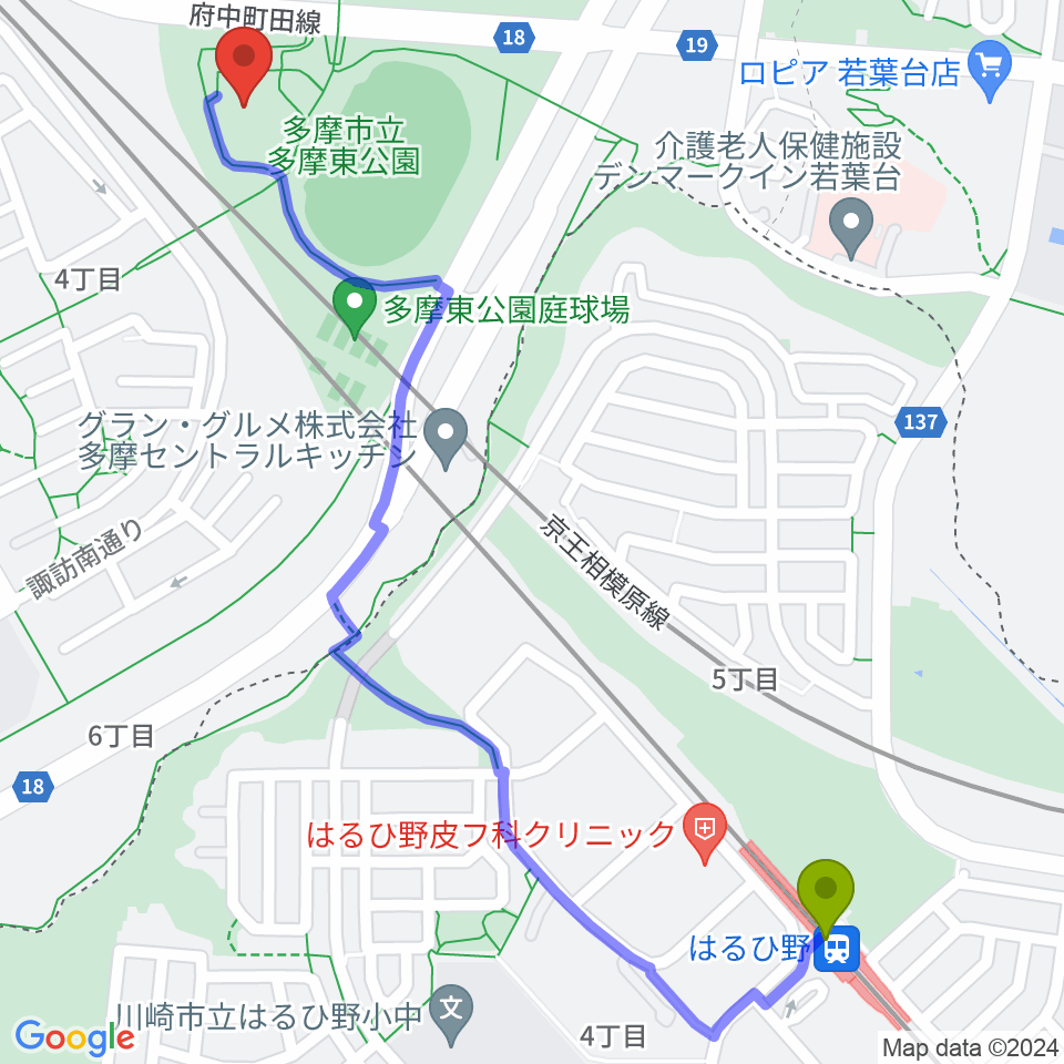 多摩市立武道館の最寄駅はるひ野駅からの徒歩ルート（約15分）地図