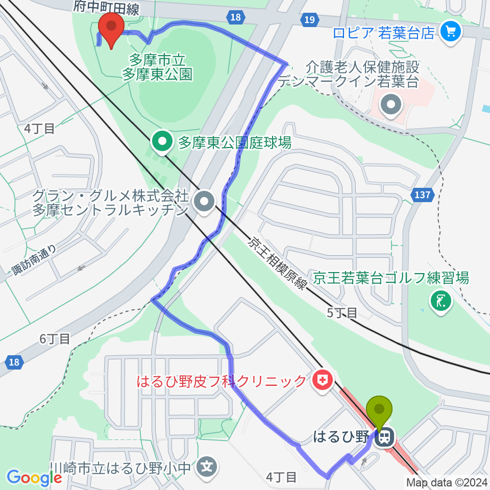 多摩市立武道館の最寄駅はるひ野駅からの徒歩ルート（約15分）地図