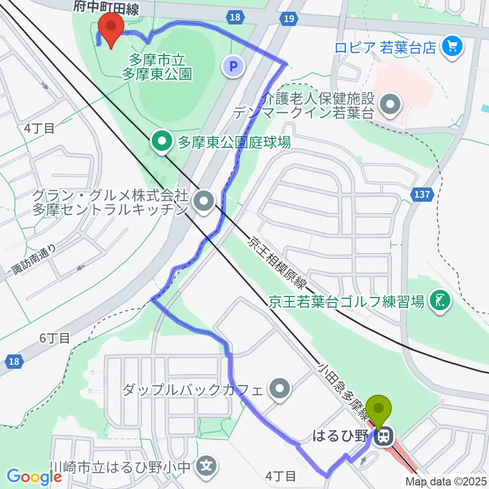 多摩市立武道館の最寄駅はるひ野駅からの徒歩ルート（約15分）地図