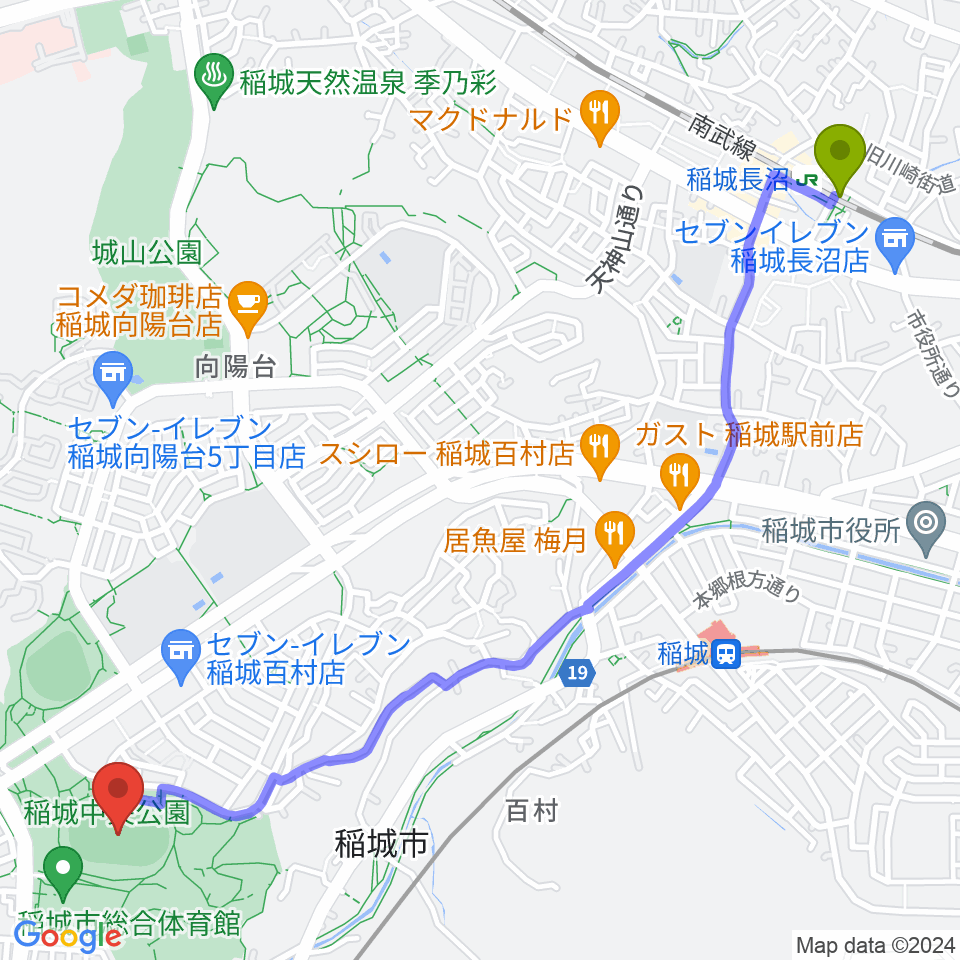 稲城長沼駅から稲城中央公園総合グラウンドへのルートマップ地図