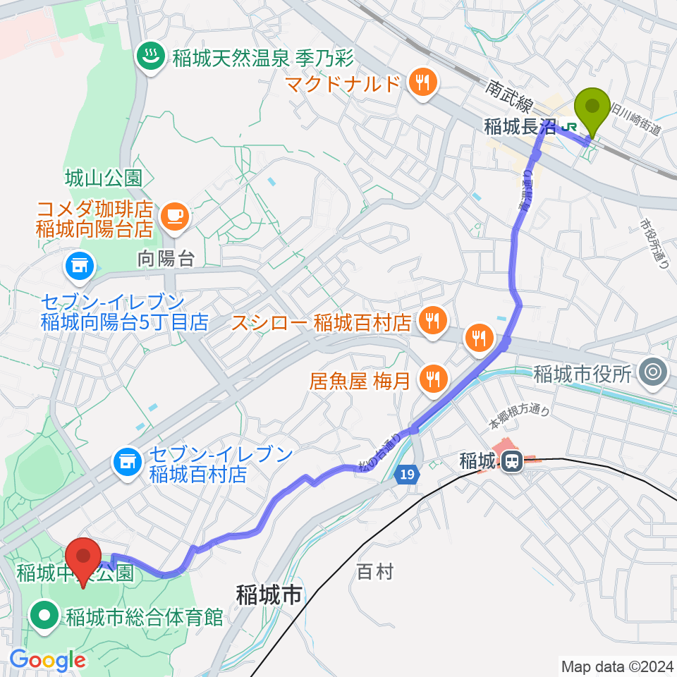 稲城長沼駅から稲城中央公園総合グラウンドへのルートマップ地図