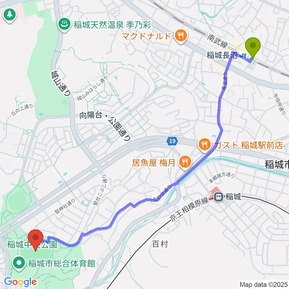 稲城長沼駅から稲城中央公園総合グラウンドへのルートマップ地図