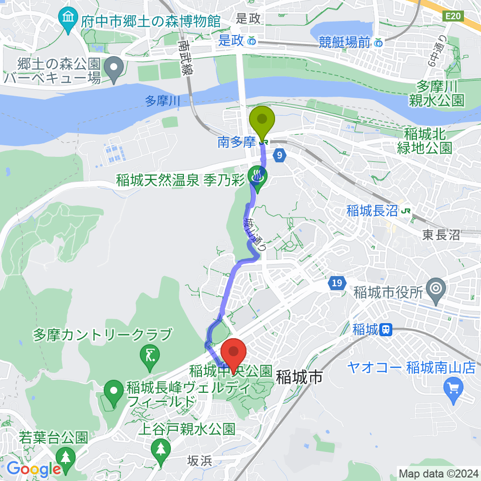南多摩駅から稲城中央公園総合グラウンドへのルートマップ地図