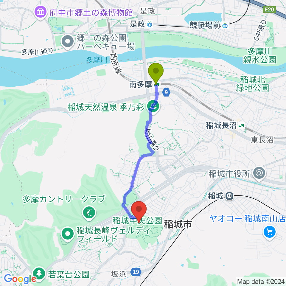 南多摩駅から稲城中央公園総合グラウンドへのルートマップ地図