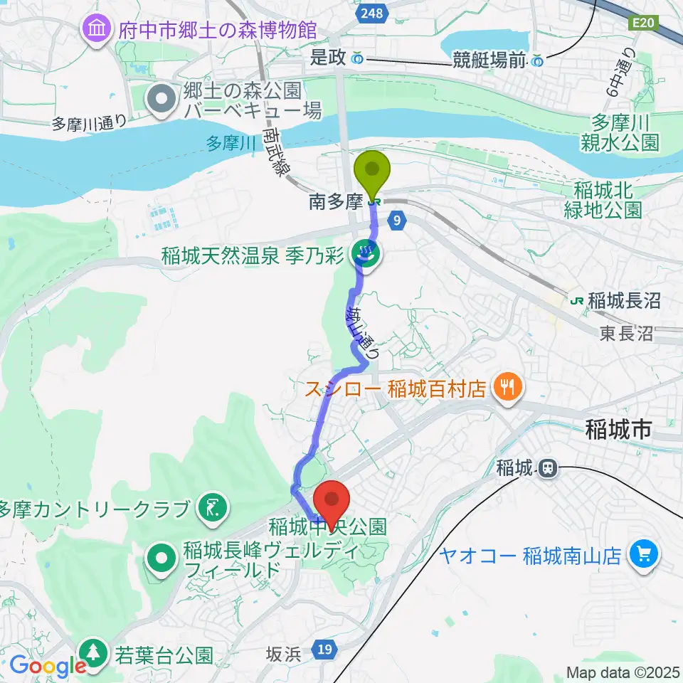 南多摩駅から稲城中央公園総合グラウンドへのルートマップ地図