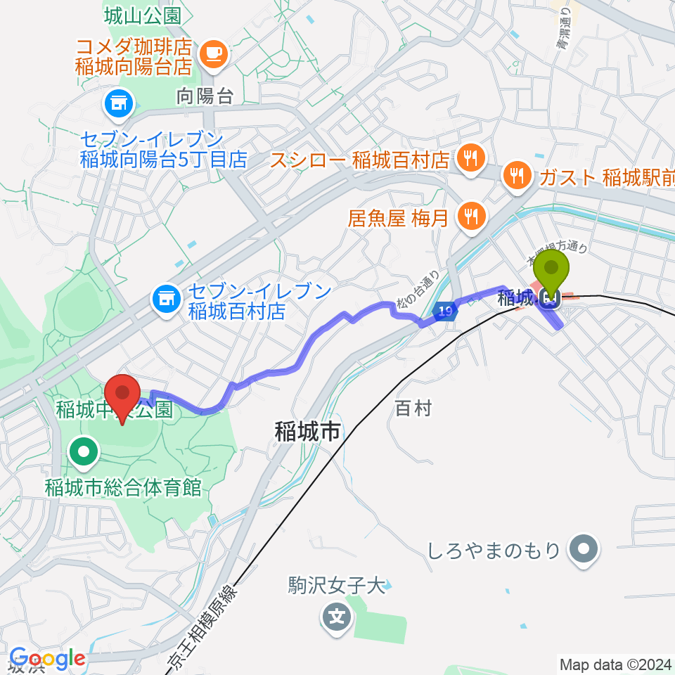 稲城中央公園総合グラウンドの最寄駅稲城駅からの徒歩ルート（約21分）地図
