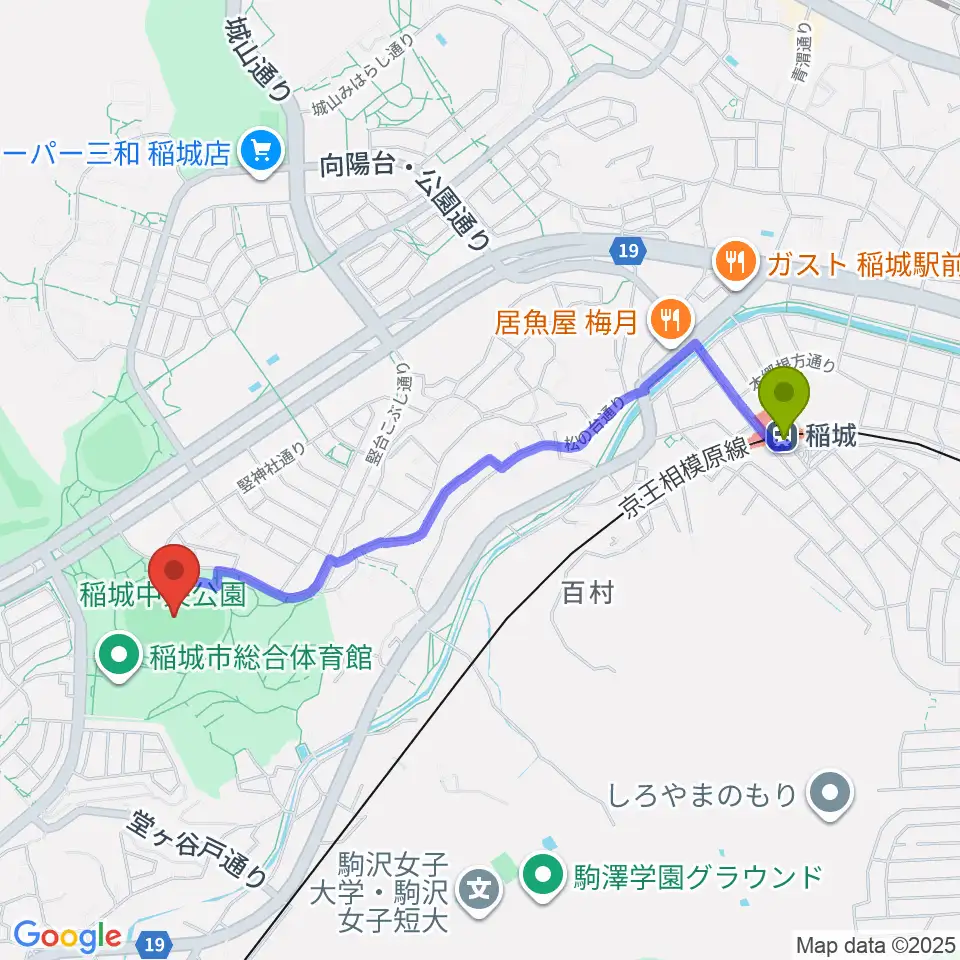 稲城中央公園総合グラウンドの最寄駅稲城駅からの徒歩ルート（約21分）地図