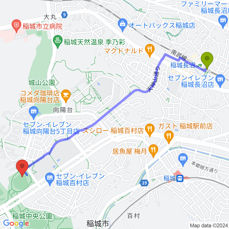 稲城長沼駅から稲城中央公園野球場へのルートマップ地図