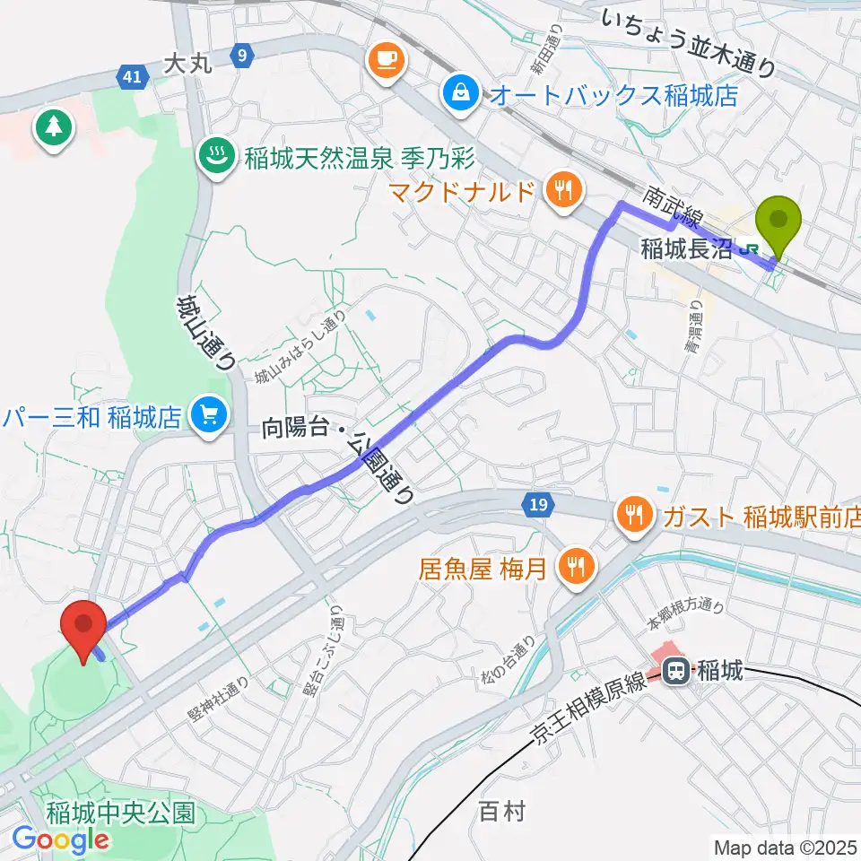 稲城長沼駅から稲城中央公園野球場へのルートマップ地図