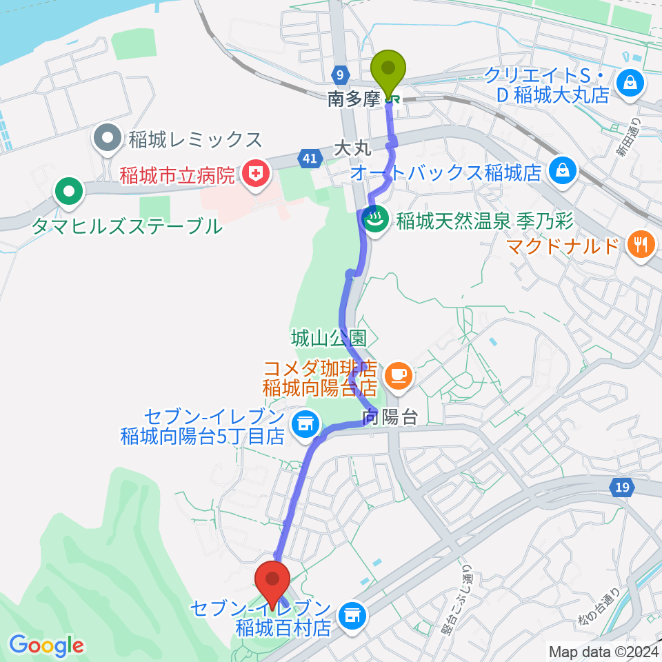 南多摩駅から稲城中央公園野球場へのルートマップ地図