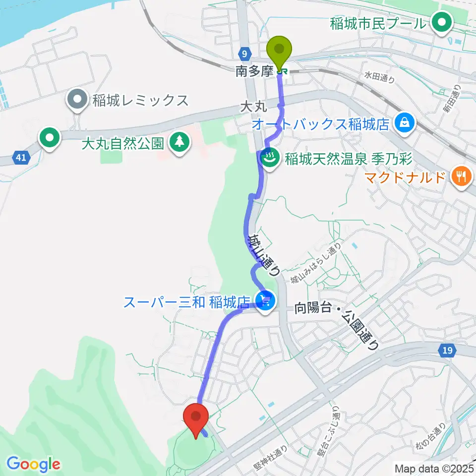 南多摩駅から稲城中央公園野球場へのルートマップ地図