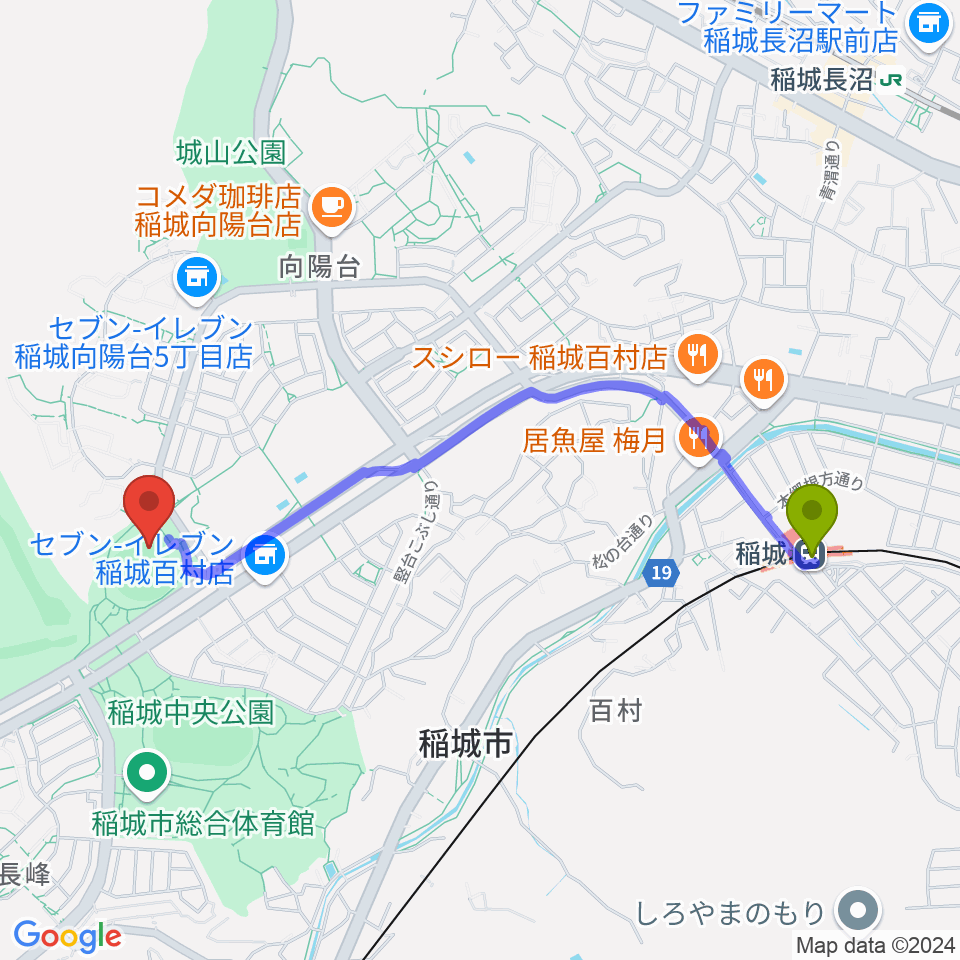 稲城中央公園野球場の最寄駅稲城駅からの徒歩ルート（約21分）地図