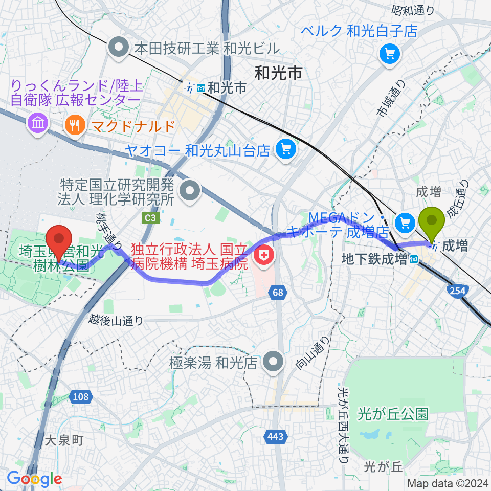 成増駅から和光市総合体育館へのルートマップ地図