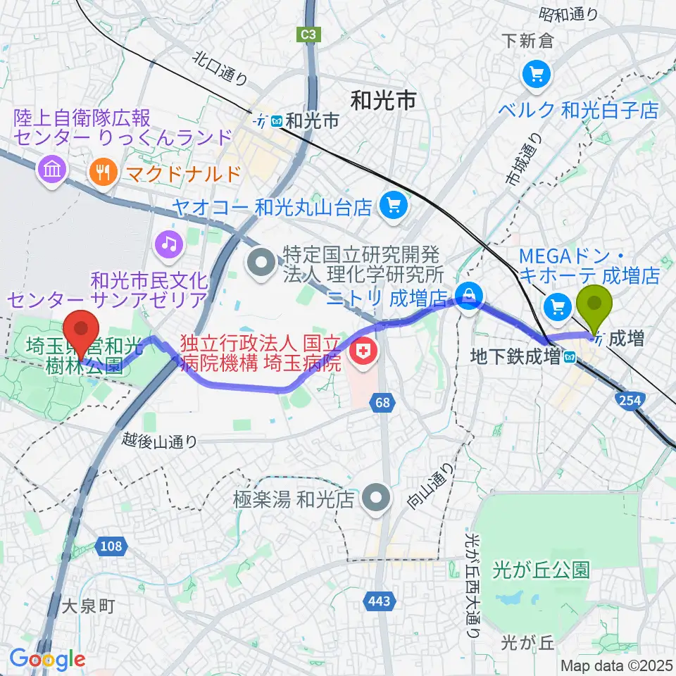 成増駅から和光市総合体育館へのルートマップ地図